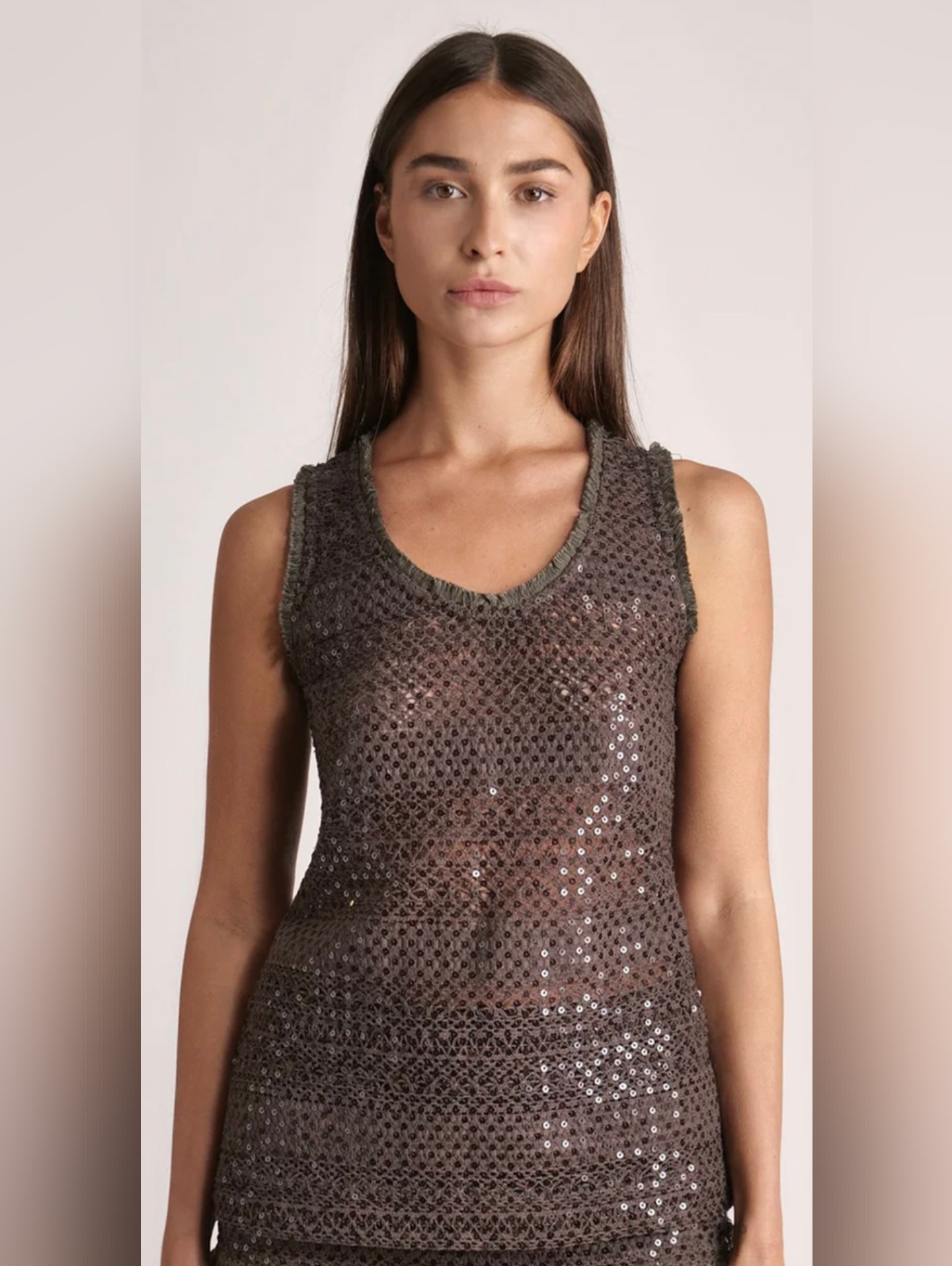 $55 Sabina Musayev Lg Hiro Sequined Crochet Tank Top Dark Brown Euc *Rare Find*